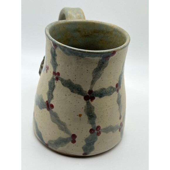 Handcrafted Stoneware Mug Rustic Holly Berry Pattern holds 12 flo oz - Picture 8 of 10